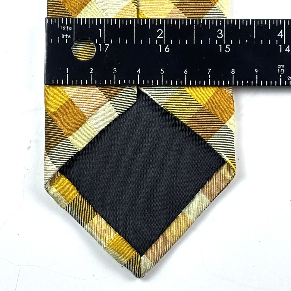 Geoffrey Beene Silk Tie Mens OS Yellow Brown Plaid Diagonal Check Preppy Retro - Picture 2 of 5